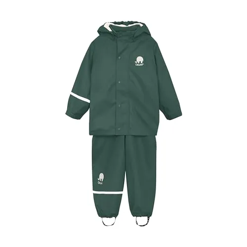 Celavi Jungen Zweiteiliger Regenanzug - Grün 923, 110 EU - Regenjacke & -hose für Jungen, wasserdicht und sicher mit reflektierenden Details, ideal für unbeschwerten Spielspaß im Regen.