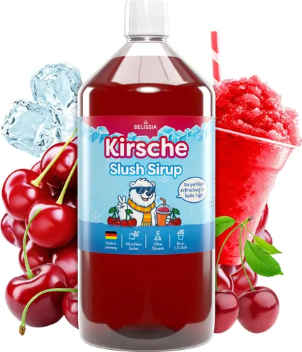 Belissia Slush Eis Sirup 1000ml Konzentrat | Kirsche Geschmack | sehr ergiebig in knalligen Farben (1:5) für bis zu 6 Liter | Glycerin frei