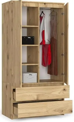 BDW Kleiderschränk 2 Türen, 4 Einlegeböden, Kleiderständer, 2 Schubladen, Mehrzweckschrank, Schubladenschrank, Garderobenschrank für Schlafzimmer, Wohnräume, 180x90x51cm, Eiche Artisan