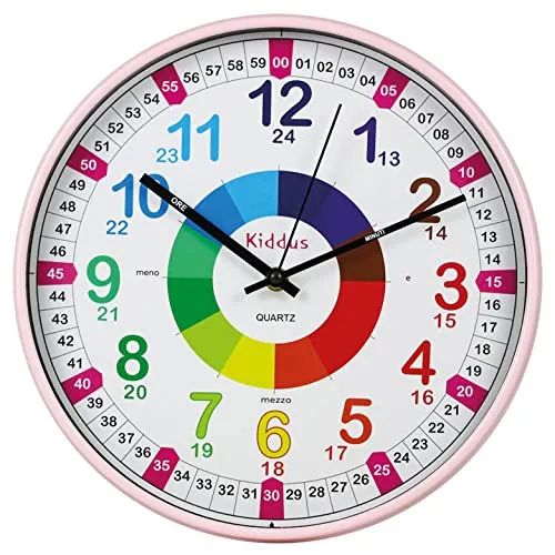 Kiddus Lernuhr Wanduhr Kinder 20cm, Lautlose Uhr mit Stunden- und Minutenzeiger, Ideal für Schulanfänger