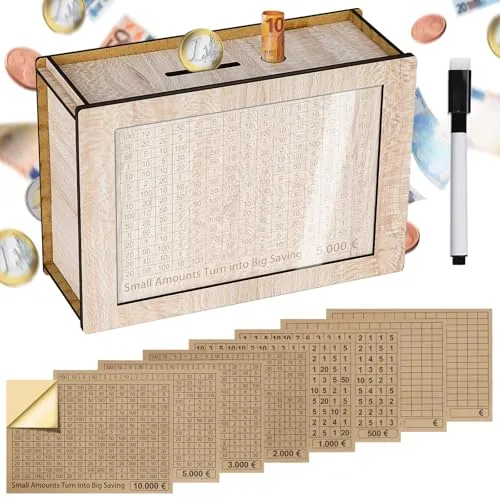 Alyvisun Spardose Holz mit Marker Aufklebern, Sparbüchse mit Zähler 5000€ Wiederverwendbare Geldkassette Holzspardose mit Sparziel zum Ankreuzen Sparbox Geldsparbox Cash Box €500-€10000 Ziel