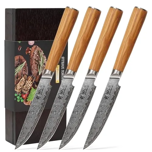 4er Damast Steakmesser Set - 12,50cm Klinge aus 67 Lagen Damaststahl mit Olivenholzgriff - Küchenmesser für Fleischliebhaber, gefertigt aus 67 Lagen japanischem Damaststahl für extreme Schärfe und Langlebigkeit. Ideal zum mühelosen Zerteilen von Steaks, geliefert in edler Holzbox.