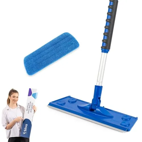 Silva Hochwertiges Mikrofaser Wischbezug Mopp Set | 360° Drehgelenk | Wischmop mit Teleskopstiel | Bodenwischer Stahlstiel 156 cm | Wischmopp mit Soft Touch Griff (Mop Set mit Wand)