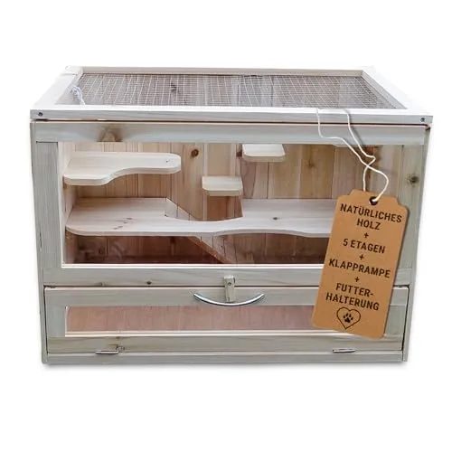 Melko Kleintierkäfig aus Holz, 5-stöckig mit klappbarer Rampe