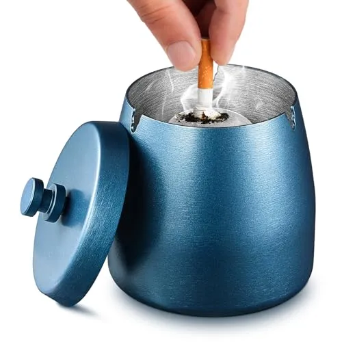Tatxmalv Außenbereich Winddicht Zigarettenaschenbecher, Aschenbecher mit Deckel, Edelstahl Aschenbecher mit Deckel für Zuhause und Büro Dekoration, Windaschenbecher für Außenbereich (Blau)