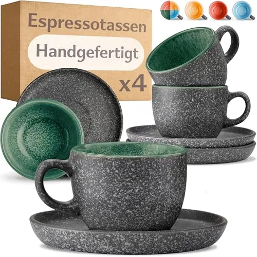 Cosumy Espressotassen mit Untertassen 4er Set - 90 ml Keramik, 𝗗𝗶𝗰𝗸𝘄𝗮𝗻𝗱𝗶𝗴𝗲𝘀 Steingut mit Handgefertigter Reaktiver Glasur in Grün - Hält Lange Warm