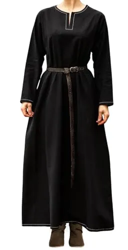 Leonardo Carbone® Damen Kleid Wikinger Unterkleid Helga | Aufwendige Stickereien | Fließende Silhouette | Karneval, Halloween, Cosplay, LARP, Mittelalter, Wikinger | 100% Baumwolle Schwarz 3XL