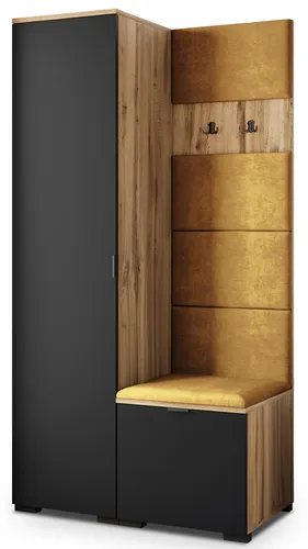 Masseno Garderobe-Set LORI – Modern Eiche Wotan, Veloursstoff MONOLITH 48 (Gelb) - Elegante Masseno Garderobe LORI für Ihren Flur – bietet praktischen Stauraum und fügt sich harmonisch in jedes Interieur ein. Robuste Materialien garantieren Langlebigkeit und einfache Pflege. Perfekte Maße für jeden Raum!