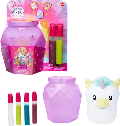Mattel Barbie Tie Dye Asst REVEAL - Kuscheltiere mit kreativen Gestaltungsmöglichkeiten – Kinder können ihre eigenen farbenfrohen Designs kreieren und das Plüschtier immer wieder neu gestalten!