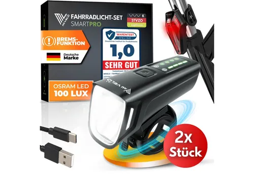 MIVELO Fahrradbeleuchtung SMART Fahrradlicht Set LED 100 LUX - Akku USB aufladbar