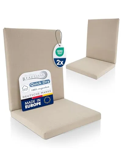 Beautissu 2er Set Premium Niedriglehner Auflage 100% Wasserdicht 100x50cm – UV-beständig Bequem Pflegeleicht Waschbar Sitzkissen Gartenstuhl – Polsterauflage Gartenmöbel Stuhlauflage Beige