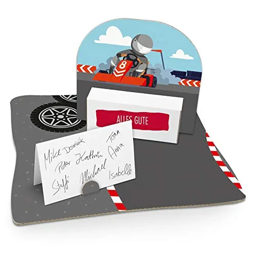 itenga Geldgeschenk I Motiv Kartfahrer/Rennen I Geburtstag I Mitbringsel I Gutschein I Geschenkverpackung mit Bodenplatte, Geschenkkarte und Stickerbogen - zum Basteln und Dekorieren