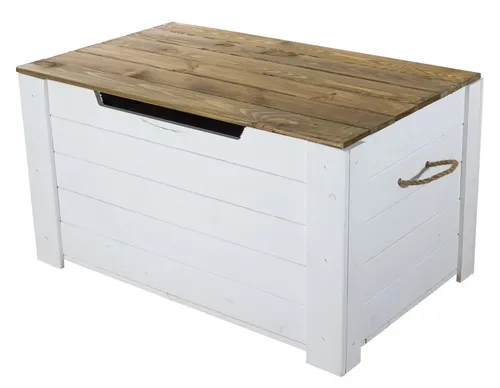 Holztruhe Pascale - Dekorativer Wohnzimmertisch - Truhe im Landhausstil aus geflammtem Holz, ideal als stilvoller Aufbewahrungstisch für Wohnräume und bietet praktischen Stauraum.