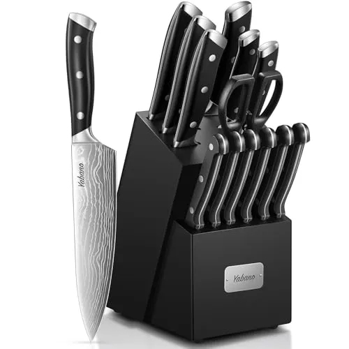 Messerblock Set, 14-teilig Küchenmesserset Edelstahl, Yabano Messer Set mit Block und integriertem Messerschärfer, geschmiedete ABS-Griffe