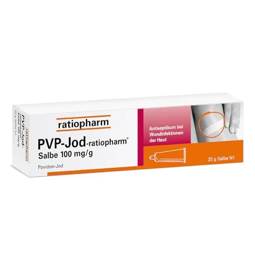 PVP-Jod-ratiopharm® Salbe, 25 g, desinfizierend bei geschädigter Haut | Keimtötende Wirkung bei oberflächlichen Wunden, Verbrennungen, Entzündungen und Infektionen auf der Haut, mit Povidon-Iod
