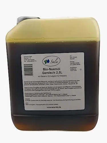 Sala BIO-Neemöl kaltgepresst 2,5 L mit Salamul Emulgator - Speiseöl für vielseitige Anwendungen in Kosmetik und Pflanzenschutz. Hochwirksam gegen Schadinsekten dank hohem Azadirachtin-Gehalt und sanftem Emulgator, der Nützlinge schont.