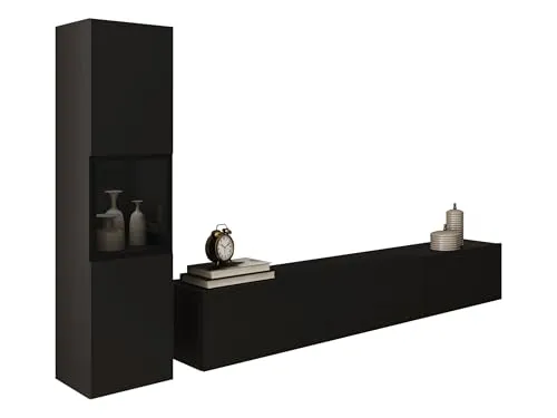 Mirjan24 Wohnwand Bentlor I, Mediawand, Schrankwand, im Set Vitrine, TV-Lowboard, Anbauwand kann aufgestellt BZW. aufgehängt Werden (Schwarzer Graphit, ohne Beleuchtung)