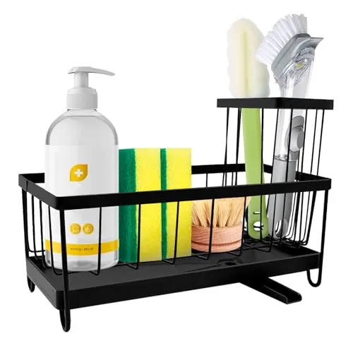 Zatixbu Spülbecken Organizer Küchen, Edelstahl Küchen-Organizer mit Selbstentleerender Ablaufwanne for Schwammhalter, Schwarz Sink Caddy für Spülschwamm Bürsten Spültuch