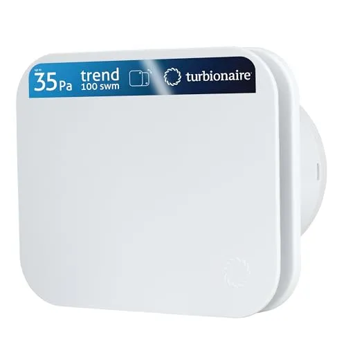 Turbionaire TREND 100 SWM Badlüfter, Weiß matt Frontplatte, Ø100 mm, perimetrische Ansaugung, 35 Pa, leise, Rückschlagklappe, IPX4, Wand-/Deckenmontage, 3 Jahre Garantie.