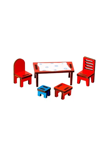 Pippi Langstrumpf Puppenhausmöbel Küche Set - Puppenhausmöbel Set für die Villa Kunterbunt mit 1 Tisch, 2 Stühlen, 1 großen und 1 kleinen Hocker – ideal für festliche Anlässe und perfekt kombinierbar mit dem Zubehör-Set „Pippis Kaffeeplausch“.