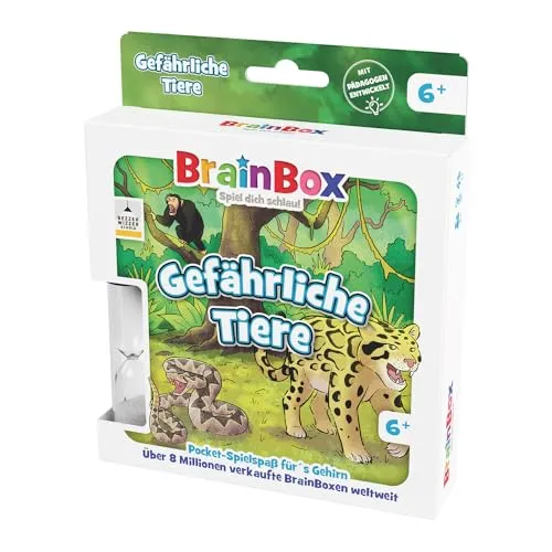 BRAINBOX 2054902 Pocket Edition Gefährliche Tiere, kompaktes Lernspiel, Gedächtnisspiel, Quizspiel, Reisespiel für Kinder ab 6 Jahren