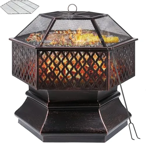 TLSUNNY Feuerschale mit Funkenschutz,Feuerschalen für den Garten, Feuerkorb mit Grillrost,Feuerstelle Outdoor mit Schürhaken Kohlerost,Feuertonne für Terrasse,Camping,Heizung/BBQ