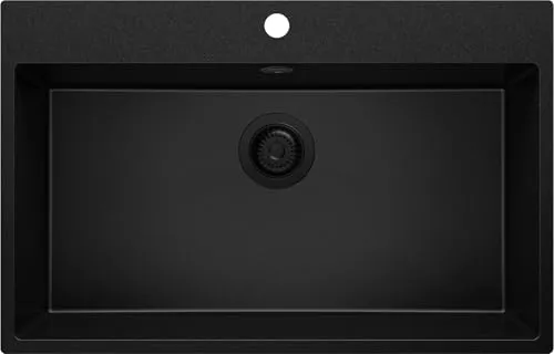 PRIMAGRAN Spülbecken Alles Schwarz 78x50cm, Granitspüle 1 Becken + Ablauf-Set, Küchenspüle ab 80er Unterschrank - Riga S229