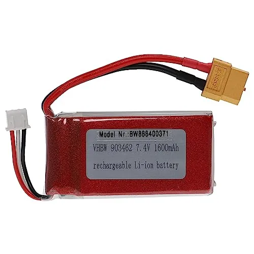 vhbw Akku kompatibel mit XT60 Stecker für Modellbau z.B. Racing Car, Helikopter, Flugzeug (1600mAh, 7,4V, Li-Polymer, 70 x 35 x 18 mm)