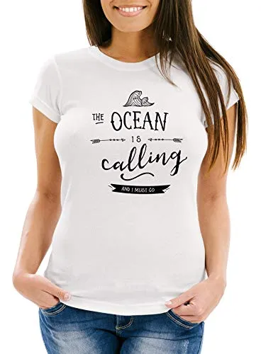 MoonWorks Damen T-Shirt The Ocean is Calling and ja Must go Sailing Surfing Meer Ozean Slim Fit weiß M