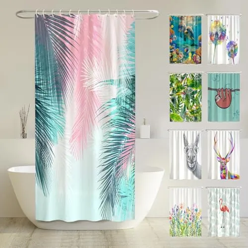 arteneur® Palmenblätter Duschvorhang 120x180 - Duschvorhang aus 100% recyceltem Polyester, blickdicht und wasserdicht mit Anti-Schimmel-Beschichtung. Inklusive 8 Ringe und E-Book für einfache Pflege.