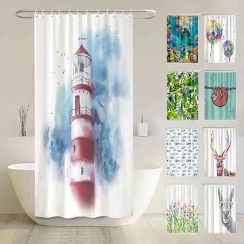 arteneur® - Leuchtturm Duschvorhang 120x180 - Duschvorhang aus 100% recyceltem Polyester, mit Anti-Schimmel-Beschichtung und beschwertem Saum für optimale Formstabilität. Hygienisch, pflegeleicht und ideal für kleine Badezimmer!