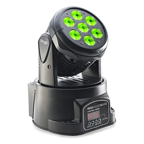 STAGG SLI MHW HB10-0 Headbanger 10 LED Moving Head Scheinwerfer - Kompakter Moving Head mit 7 x 10 W RGBW LEDs für beeindruckende Lichteffekte. Wählen Sie zwischen DMX, Auto oder Sound-Modus. Ideal für Events und Partys, einfach zu programmieren dank benutzerfreundlichem Bedienfeld.