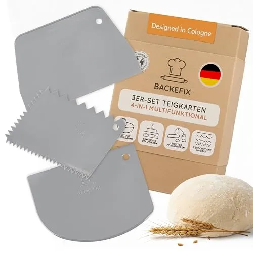 Backefix Teigschaber Set — 3 Teigkarten & Teigschneider mit gerader, runder, gezackter Karte — BPA-freies, flexibles Küchenwerkzeug zum Schaben, Formen, Glätten und Portionieren von Teig aller Art