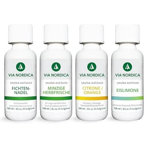 VIA NORDICA Saunaaufguss Set [AtemFrei-Komplex Formel] Saunadüfte & ätherische Öle - Tolles Saunaaufguss Probierset, Saunaöl Saunaduft Sauna-Zubehör Wellness Aufguss Duftöl - Set Saunaspass
