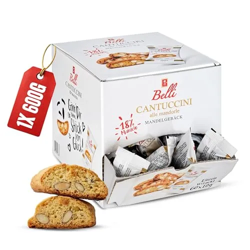 Belli Cantuccini Mandelgebäck 600G [DOPPELT GEBACKEN] mit 18% Mandel-Anteil | 60 Kekse pro Box | Italienische kekse | mit Blütenhonig | Biscotti di Prato
