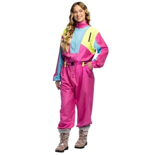 Boland – Retro Skianzug Pink für Damen, 80er-Jahre Kostüm mit UV-Effekt - Auffälliger pinker Skianzug „Snow Glow“ mit leuchtenden Akzenten für unvergessliche Partys. Ideal für Apres Ski, Karneval oder Mottopartys. Bequemes Design in Größe XL mit praktischen Taschen. Ein echter Hingucker für jede Feier!