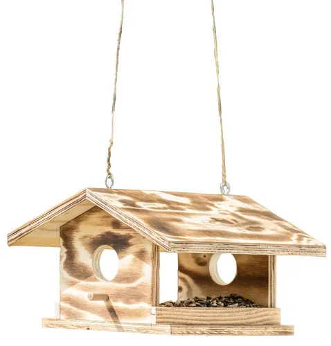 Dehner Natura Premium Wildvogel Futterhaus Arber - Robuste hängende Futterstation aus geflammtem Holz, ideal für Garten und Balkon, schützt Vögel und Futter vor Nässe