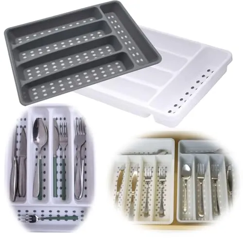 LS-LebenStil Schubladeneinsatz Besteckkasten 32x23cm Weiß Non Slip Kunststoff Besteckbox Organizer Schubladentrenner Küche Utensilienhalter für Küchen-Schubladen Küchenorganizer Anti-Rutsch