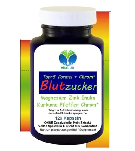 Blutzucker Komplex TOP-5 Formel + CHROM* 120 KAPSELN für NORMALWERTE UND normalen Blutzuckerspiegel + MAGNESIUM