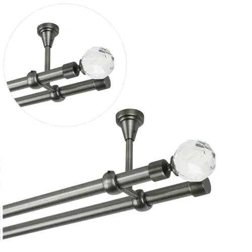 Gardinenstange 240 cm für Deckenmontage, Vorhangstange 19 mm 2-läufig Antik Stahl, Gardinenstangenset mit Kugel Kristall