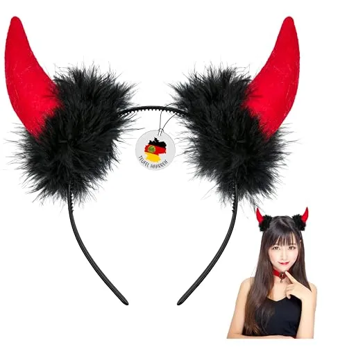 Balinco Teufelshörner Haarreif für Erwachsene – Rotes Plüsch Teufel ohren Haarband Kostüm Zubehör für Halloween, Fasching, Karneval, Party, Cosplay, Schwarz/Rot
