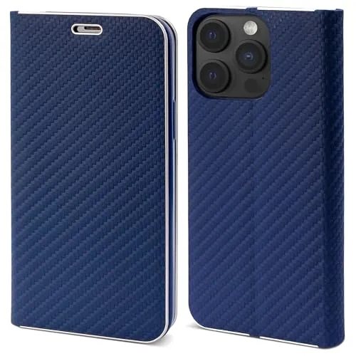 Moozy Hülle für iPhone 15 Pro, Carbon - Metallischer Kantenschutz Klapphülle Handyhülle mit Kartenfach und Standfunktion, Case für iPhone 15 Pro Stoßfest Dünn, Dunkelblau