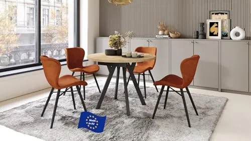 Design Esstisch rund Aldo Eiche Gold/Schwarz matt ausziehbar - Wohnzimmertisch, flexibel ausziehbar von 90 cm auf 145 cm, ideal für gemütliche Abendessen oder große Familienfeiern.