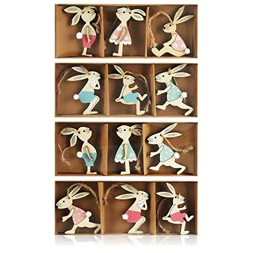 com-four® 12x Osteraufhänger Hase - Holzaufhänger zum Dekorieren - Osterschmuck aus Holz zum Aufhängen - Osterstrauß (12 Stück - Osterhasen 1)