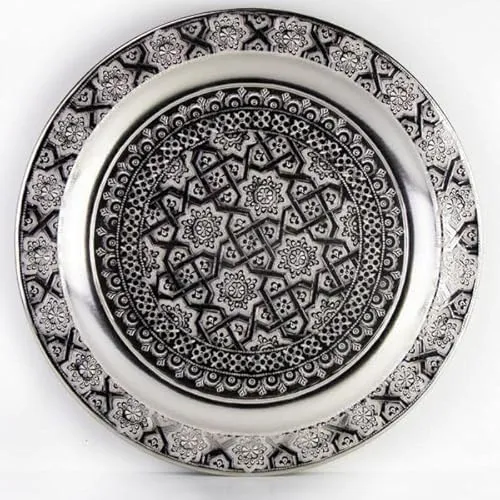 Orientalisches Teetablett Tefor Ø 25 cm Silber, Rundes Antik Tablett aus Messing, Orientalisches Teetablett, Serviertabletts Buffet, auch für Schmuck- und Make-up-Organizer-Kerzenteller