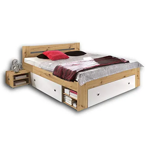 Stella Trading Stefan Doppelbett 180 x 200 cm mit Nachtkommoden - Schlafzimmer Komplett-Set in Artisan Eiche Optik - MODERNES DESIGN - Das elegante Doppelbett mit klaren Linien bietet Platz für erholsamen Schlaf. Inklusive 2 Nachtkommoden und praktischem Stauraum mit Bettkästen. Einfache Montage und hochwertige Verarbeitung aus Europa.