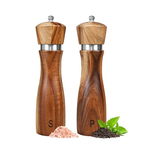 Salz und Pfeffermühle Holz 2er Set, Manuelle Pfeffer und Salzmühle aus Akazienholz, Gewürzmühle mit verstellbarem Keramikmahlwerk für Pfeffer Salz Gewürze Höhe 20,3 cm