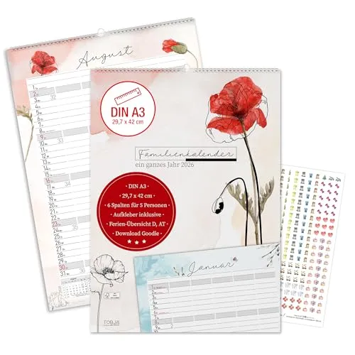 TOBJA Familienkalender 2026 5 Spalten mit 300 Stickern - A3 Aquarell Design Familienplaner 2026 XXL | Familienkalender 2026 6 Spalten für 5 Personen
