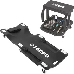 TECPO Werkstattrollbrett mit Werkstatthocker – 360° drehbar und bis 120 kg belastbar - Werkstatt-Liegewagen mit gepolsterter Kopfstütze und praktischer Werkzeugablage, ideal für Montagearbeiten. Inklusive Werkstatthocker mit großem Ablagefach und komfortabler Sitzfläche.