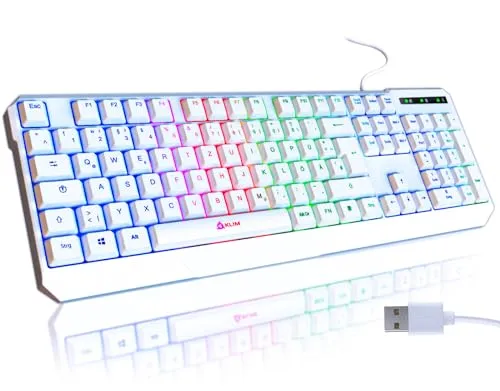 KLIM Chroma Gaming Tastatur QWERTZ DEUTSCH mit Kabel USB - Ergonomische, wasserdichte RGB-Tastatur für PC, Mac, Xbox und PS4. Mit leisen Tasten und 2 ms Reaktionszeit bietet sie ein optimales Gaming-Erlebnis.